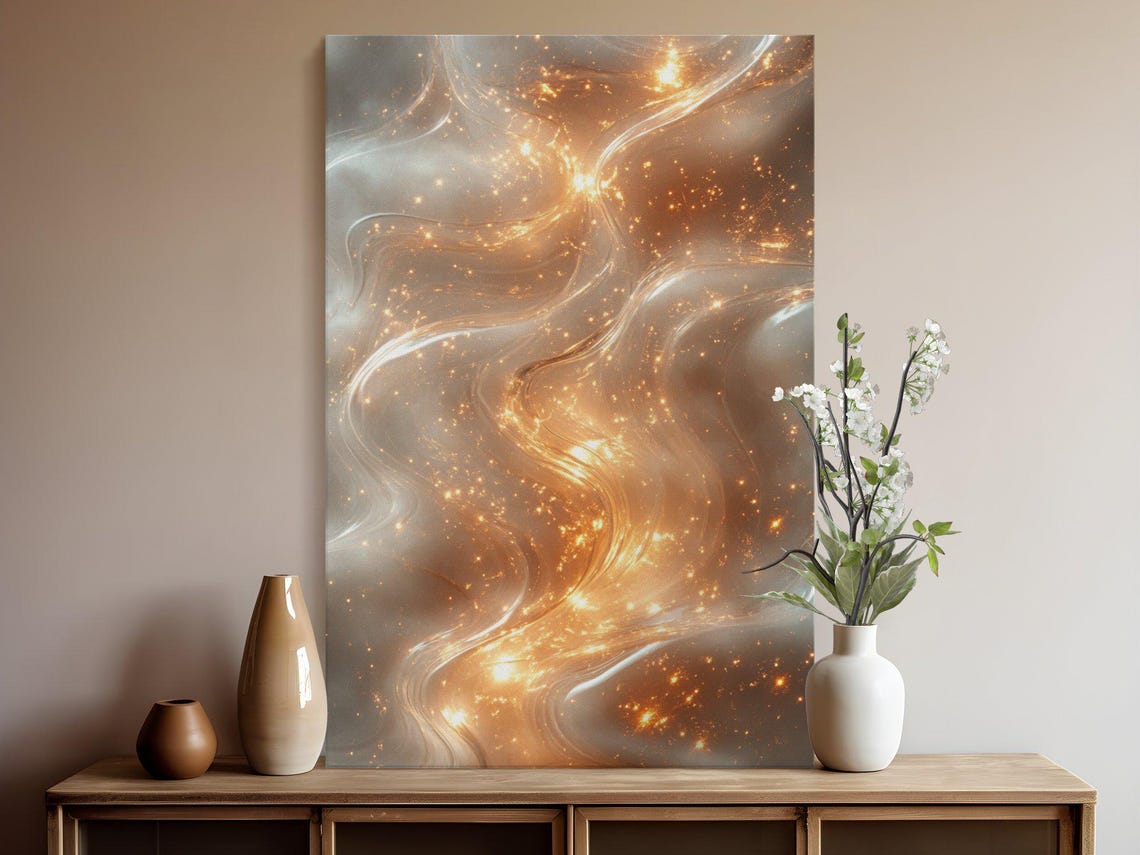 Golden Embers Swirling Through Silver Smoke Abstract Art Poster - Image 5