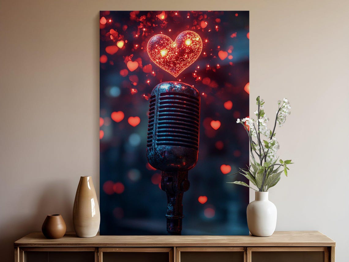 Vintage Microphone With Glowing Red Heart Lights Above Wall Art - Image 5
