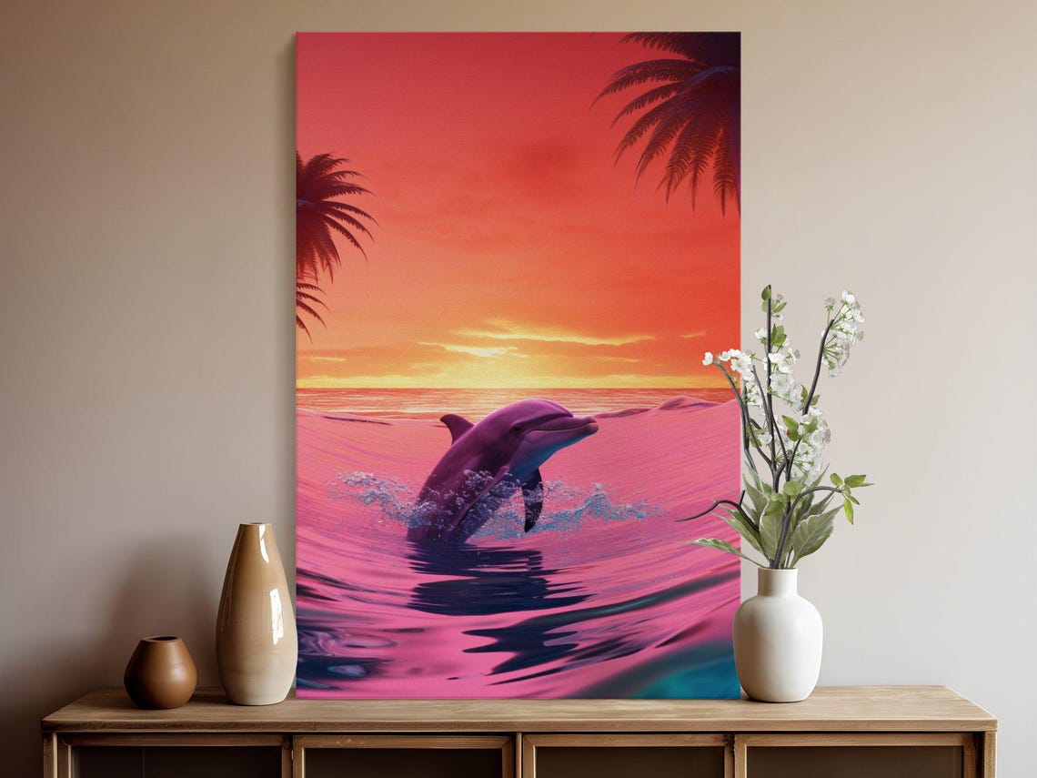 Dolphin Leaping at a Fiery Pink Tropical Sunset With Palms Poster - Image 5