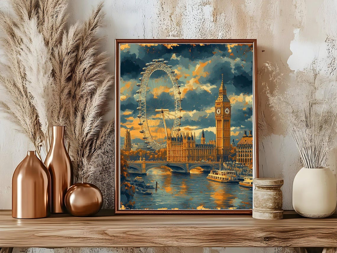London Eye Big Ben Sunset Poster Golden Skyline Cityscape Art - Image 5