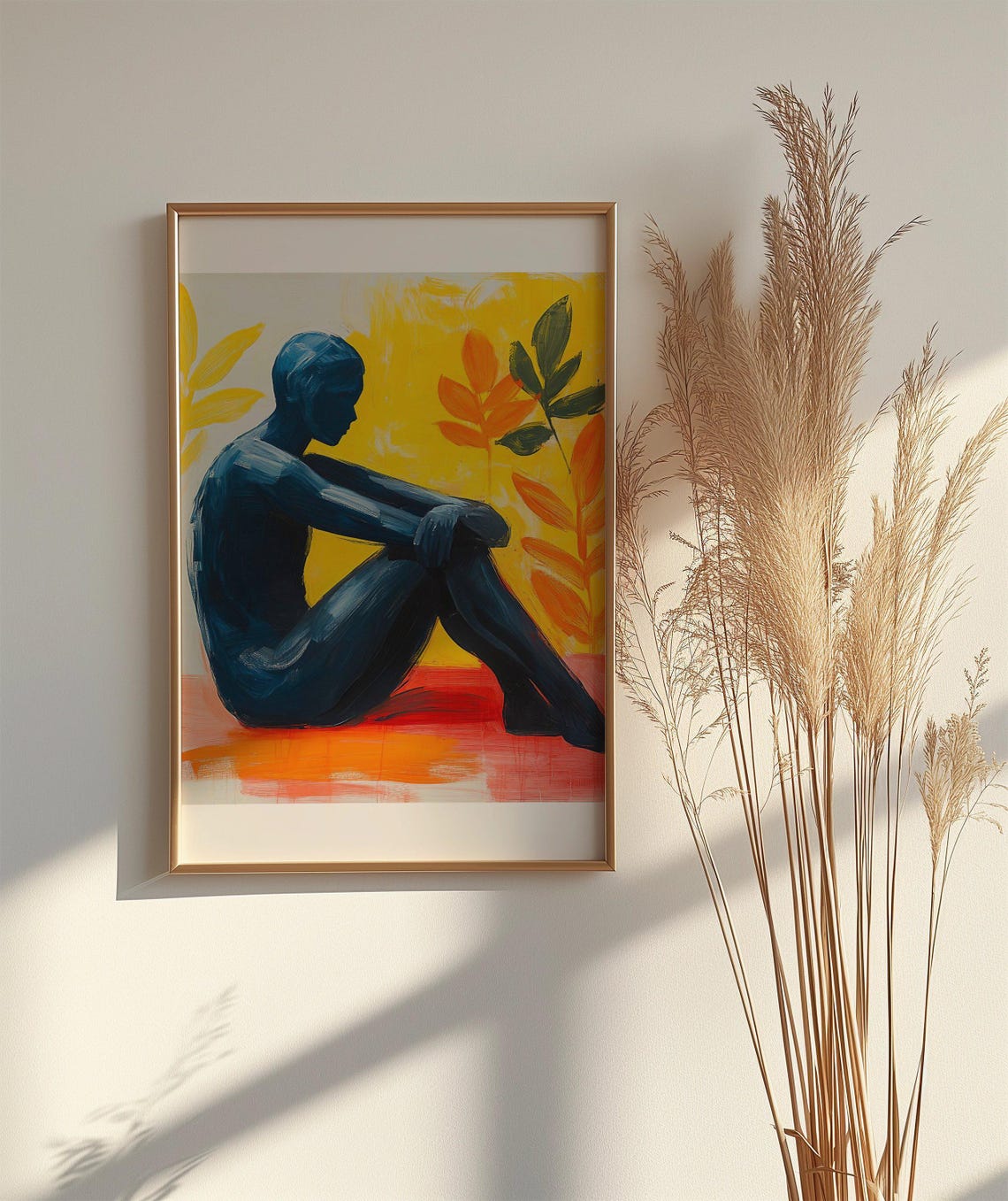 Cobalt Blue Seated Nude Figure on Radiant Yellow Backdrop Art Poster - Image 2