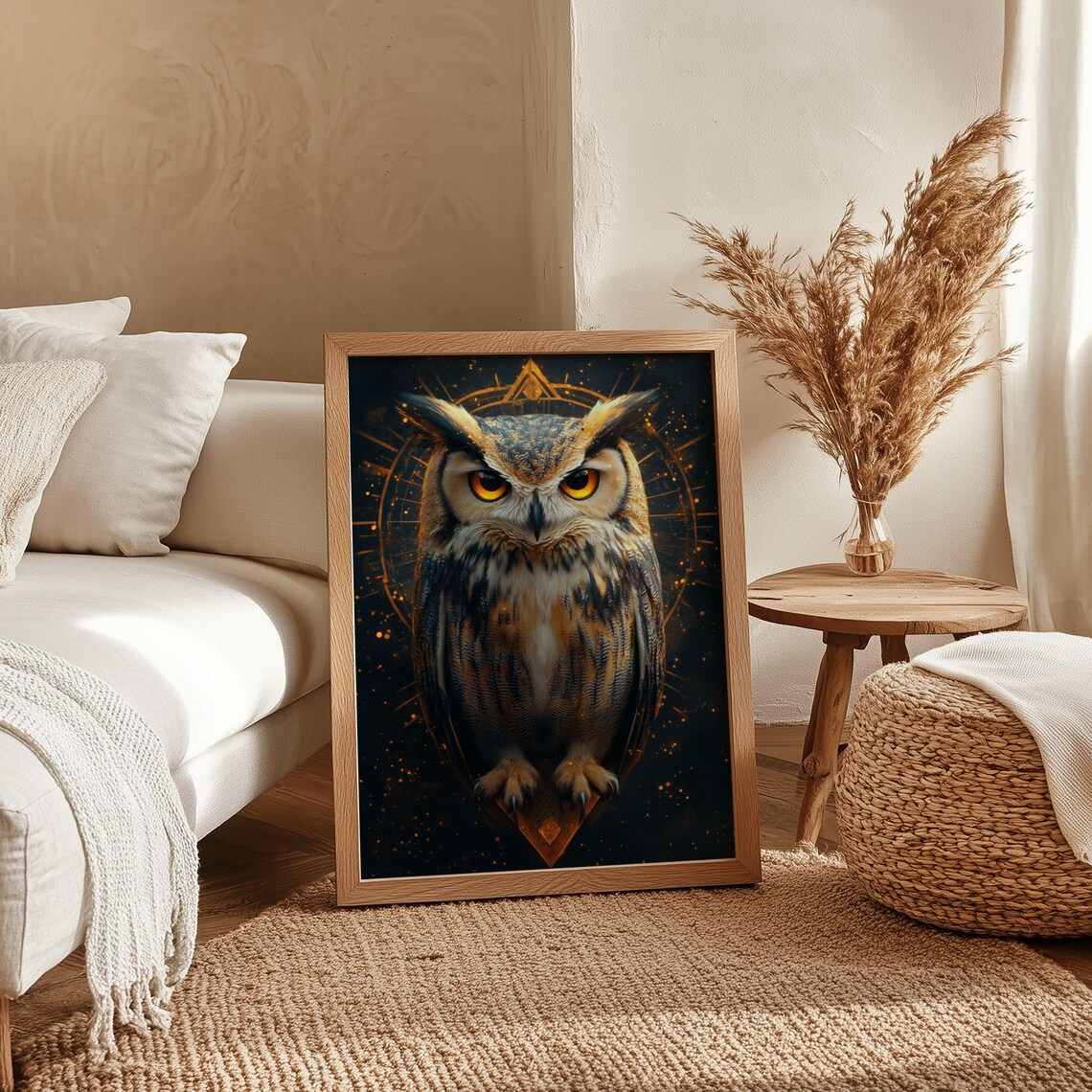 Great Horned Owl With Piercing Orange Eyes and Golden Halo Poster - Image 4