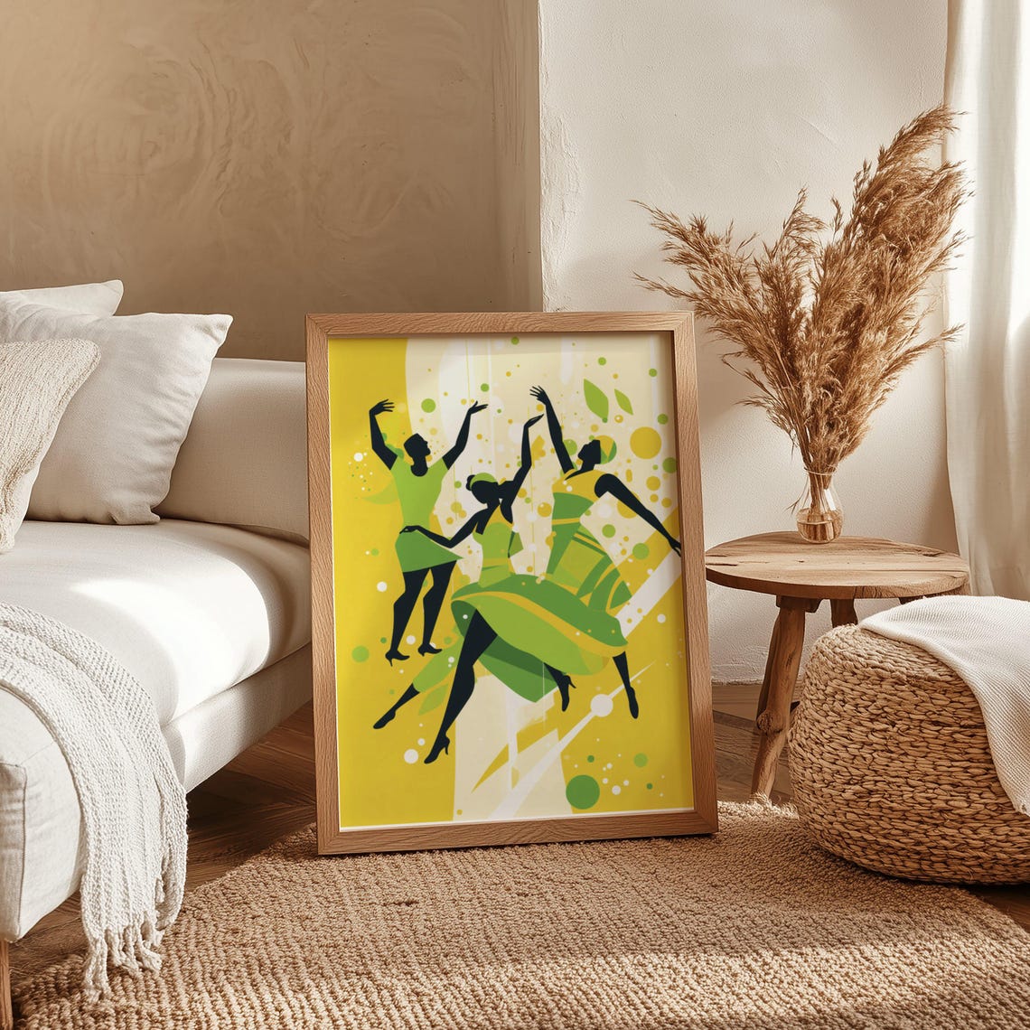 Three Abstract Dancers In Green Silhouettes On Yellow Art Print - Image 4
