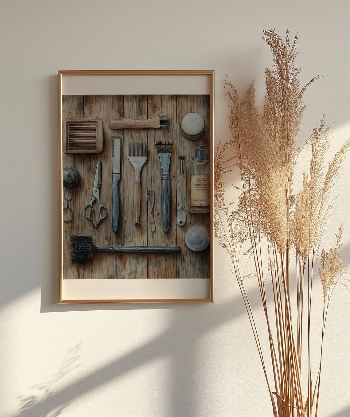 Vintage Barber Tools Poster Antique Grooming Equipment Wood Decor - Image 2