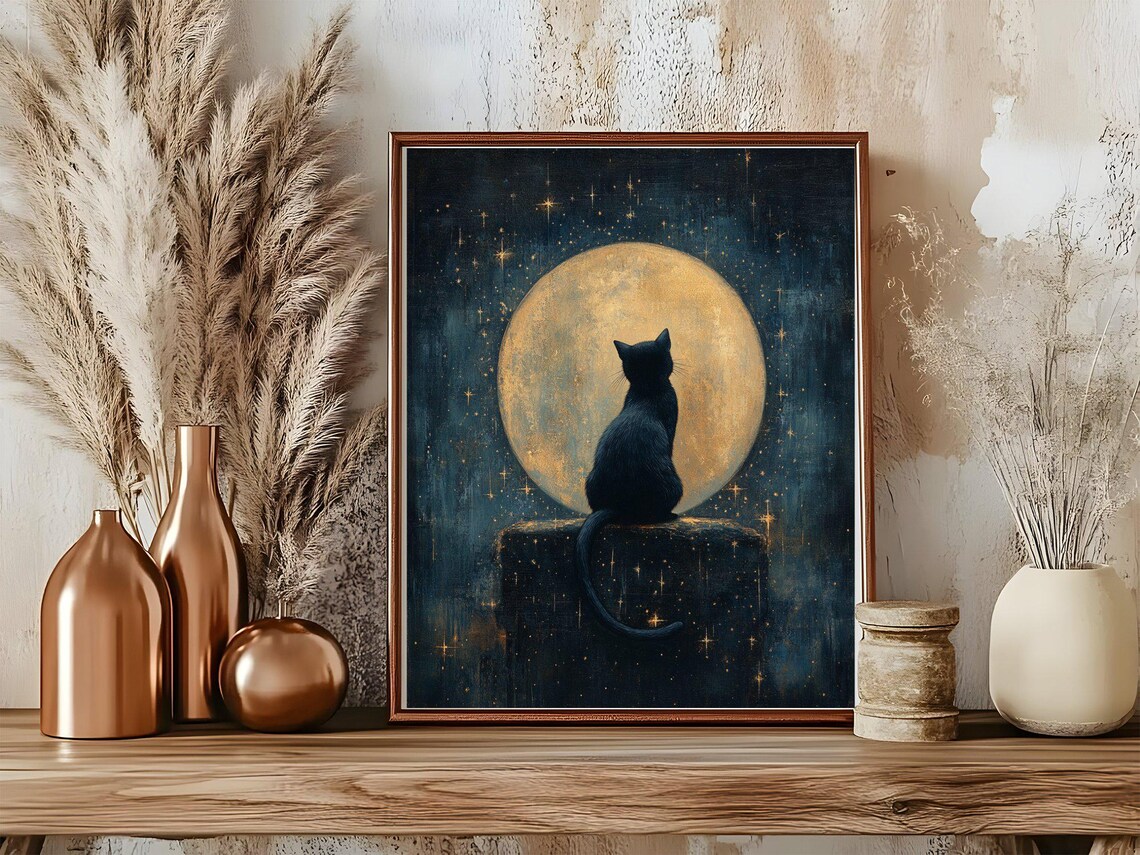 Black Cat Silhouette Gazing at a Golden Full Moon in a Starry Sky Poster - Image 5