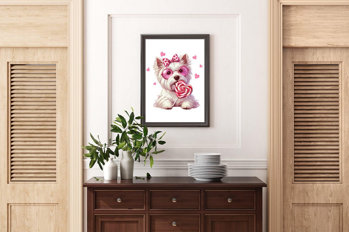 Cute White Fluffy Dog With Pink Sunglasses And Heart Lollipop Wall Art - Image 2