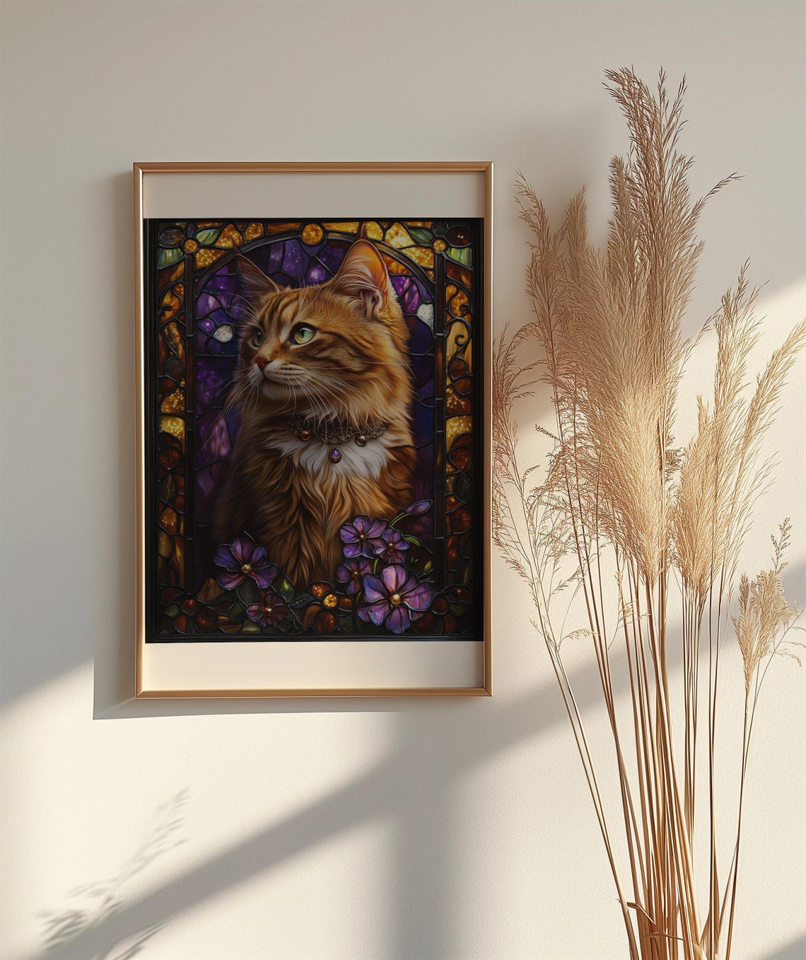 Orange Long Haired Cat Poster With Stained Glass and Purple Flowers - Image 2