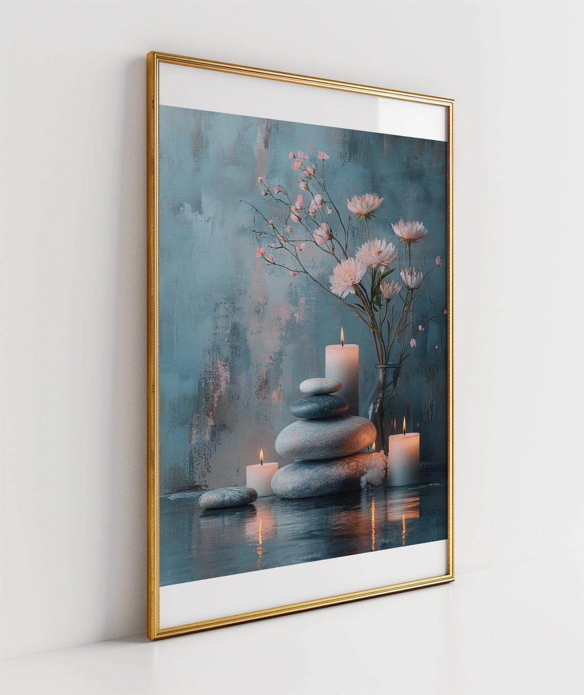 Tranquil Zen Garden Poster With Candles Stones and Pink Blossoms - Image 3