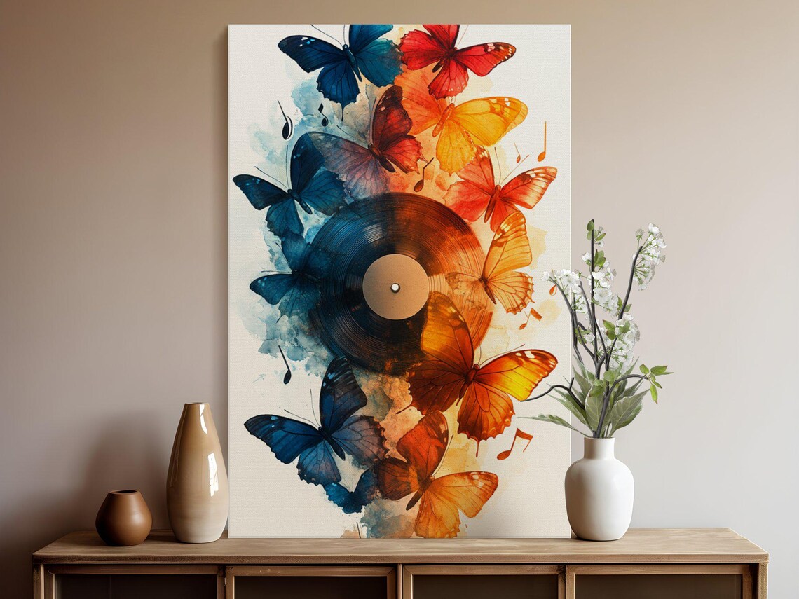 Colorful Butterflies Emerging From A Vinyl Record Watercolor Wall Art - Image 5