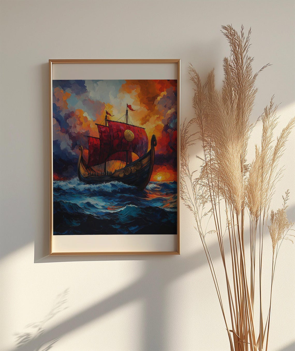 Viking Ship Sunset Poster Red Sails Ocean Maritime Adventure Art - Image 2