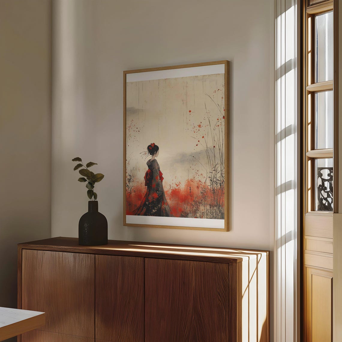 Geisha Seen from Behind in Dark Kimono Ink Watercolor Art Poster - Image 4