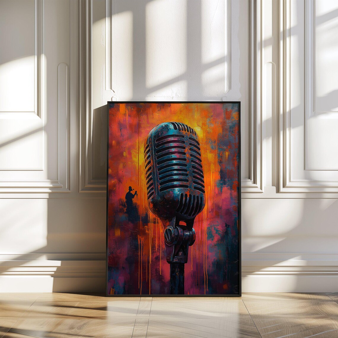 Retro Microphone In A Fiery Orange And Purple Abstract Painting Poster