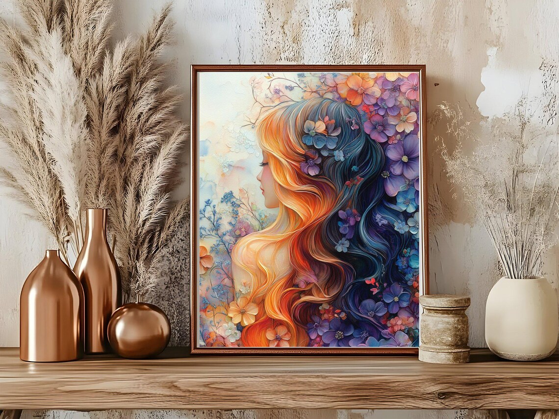Floral Woman Portrait Poster Watercolor Flowers Hair Vibrant Art - Image 5