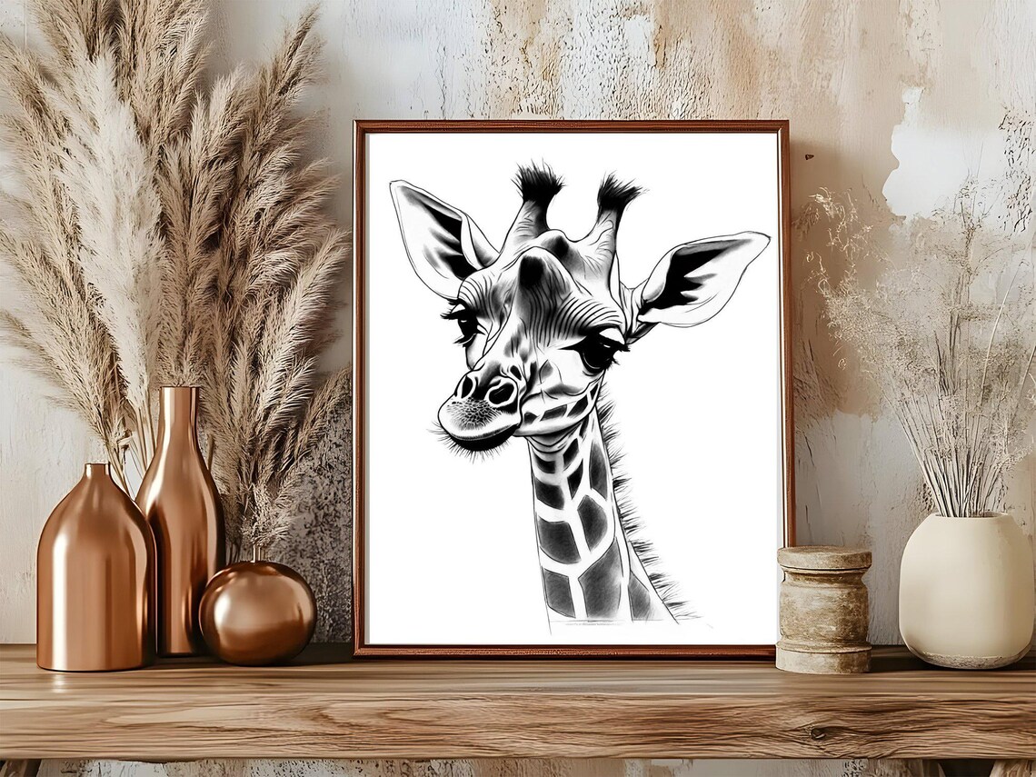 Giraffe Head Portrait Black and White Safari Animal Art Poster - Image 5