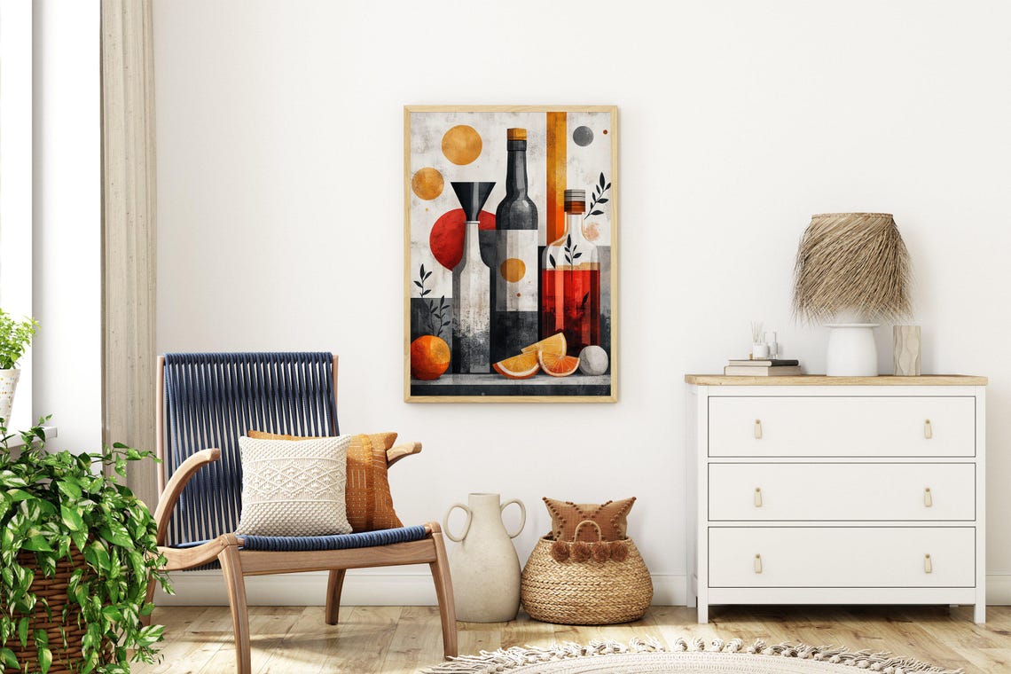 Abstract Cubist Bottle Poster With Citrus in Warm Modern Style - Image 3