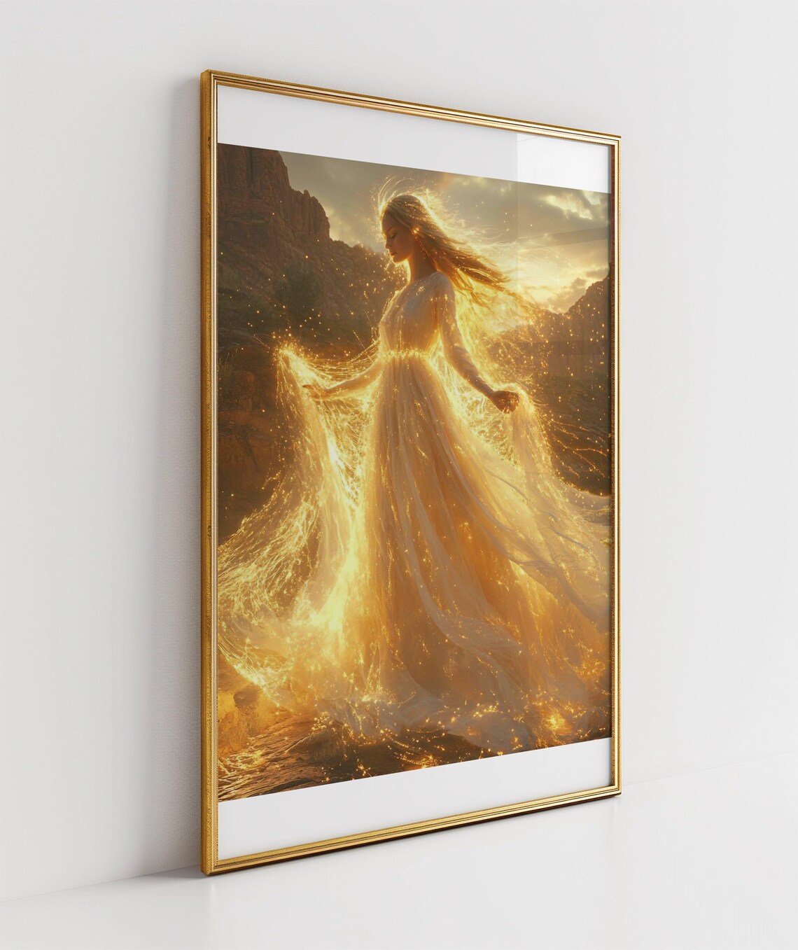 Ethereal Woman In A Flowing Golden Light Dress At Sunset Poster - Image 3