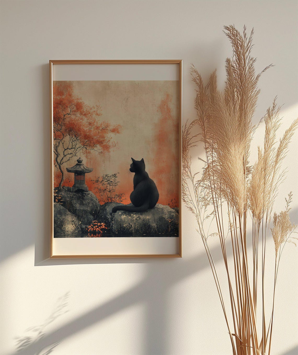 Black Cat Resting in a Japanese Zen Garden With Red Maple Tree Poster - Image 2