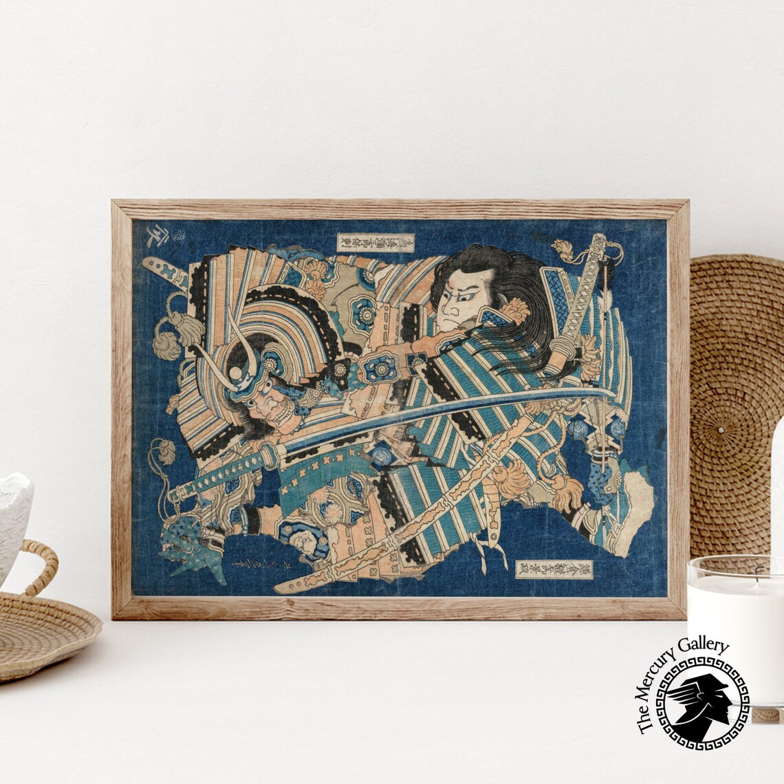 Samurai Warrior Blue Armor Swords Vintage Japanese Woodblock Art Poster