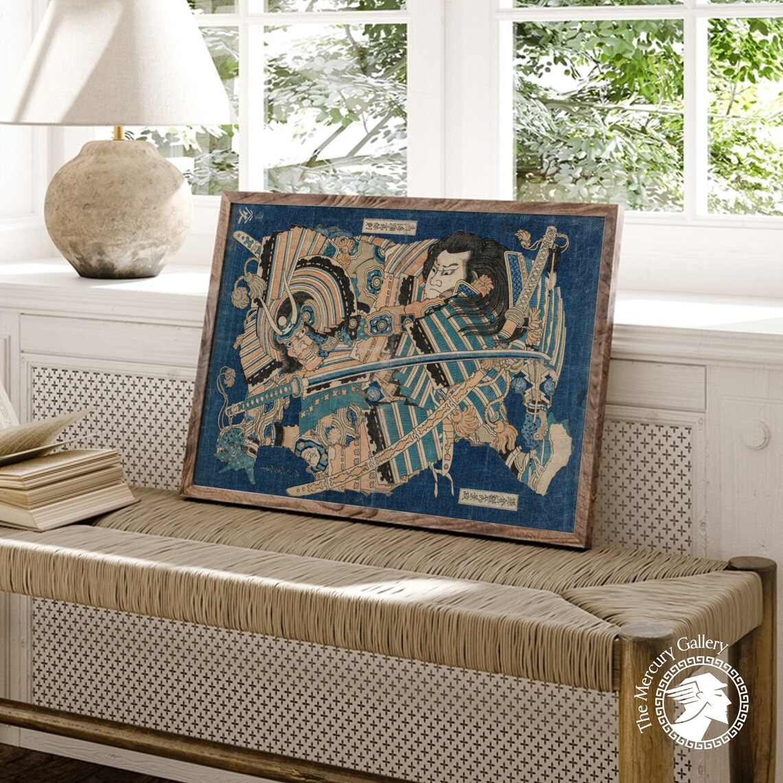 Samurai Warrior Blue Armor Swords Vintage Japanese Woodblock Art Poster - Image 2