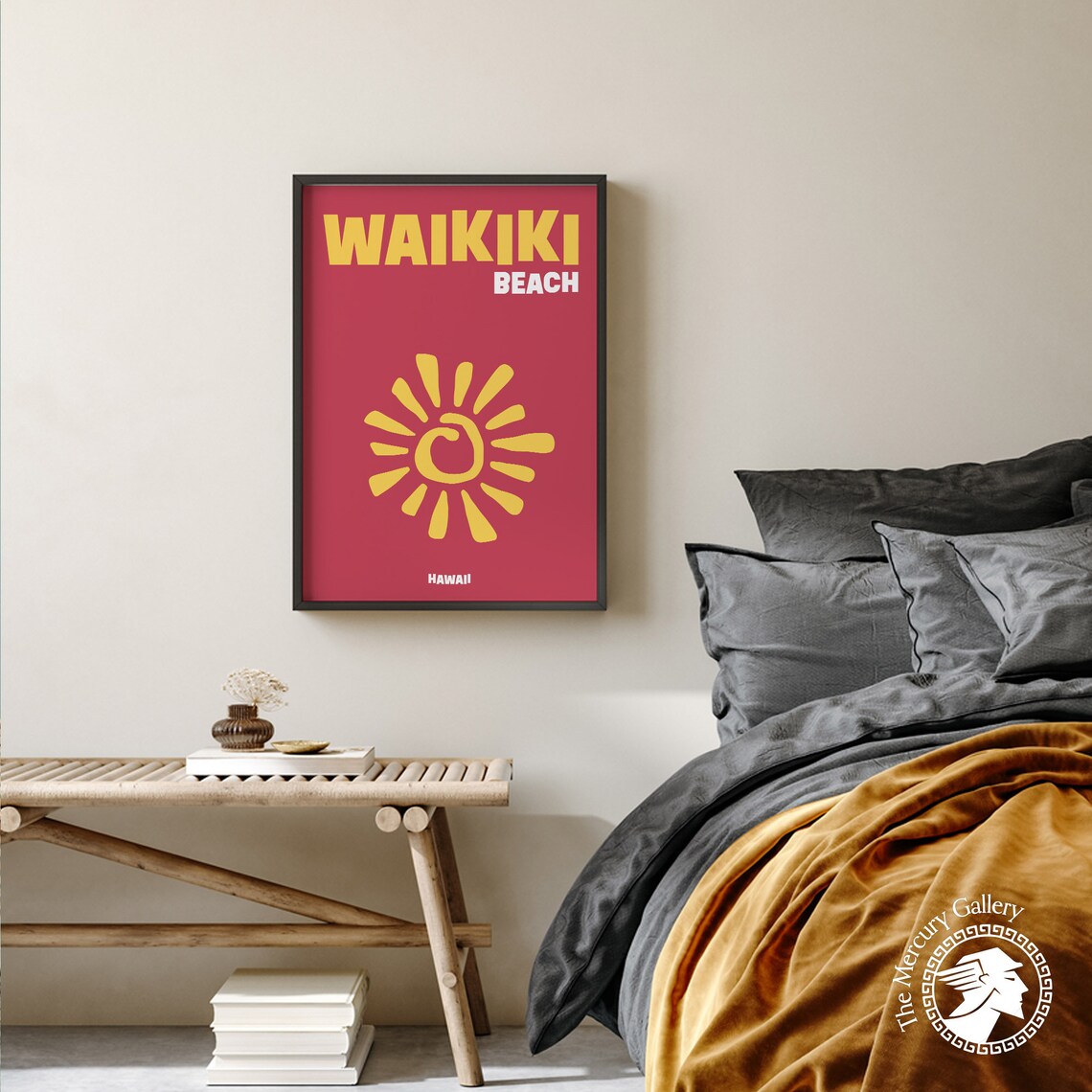 Waikiki Beach Hawaii Yellow Sun Retro Red Modern Travel Poster Print - Image 6