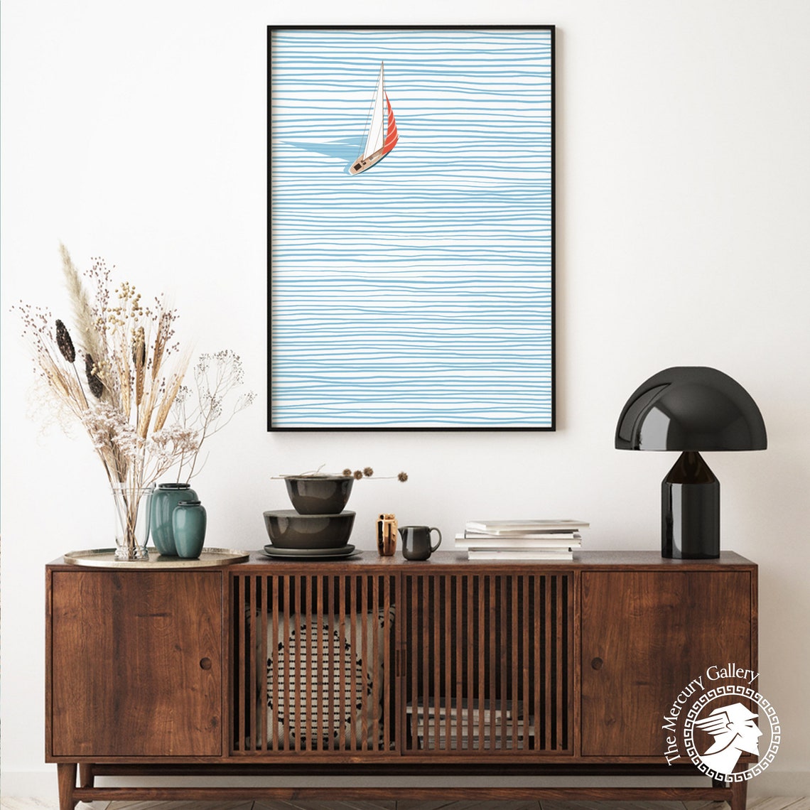 Aerial Sailboat On Striped Blue Sea Minimalist Modern Ocean Art Poster - Image 6