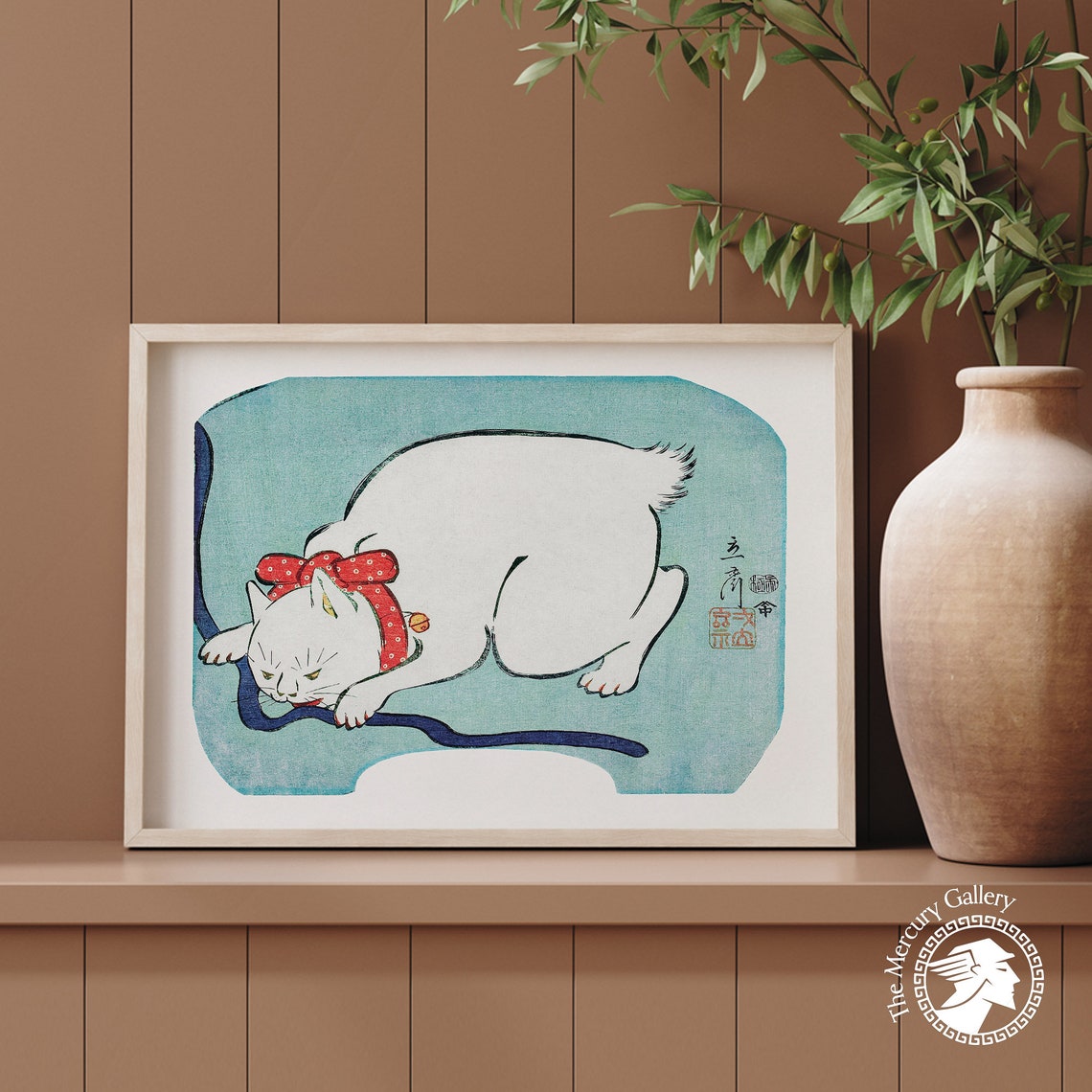 Hiroshige White Cat Playing With String Vintage Japanese Cat Art Print
