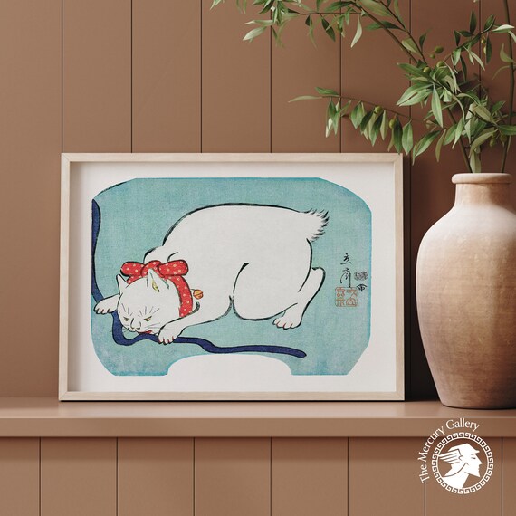 Hiroshige White Cat Playing With String Vintage Japanese Cat Art Print