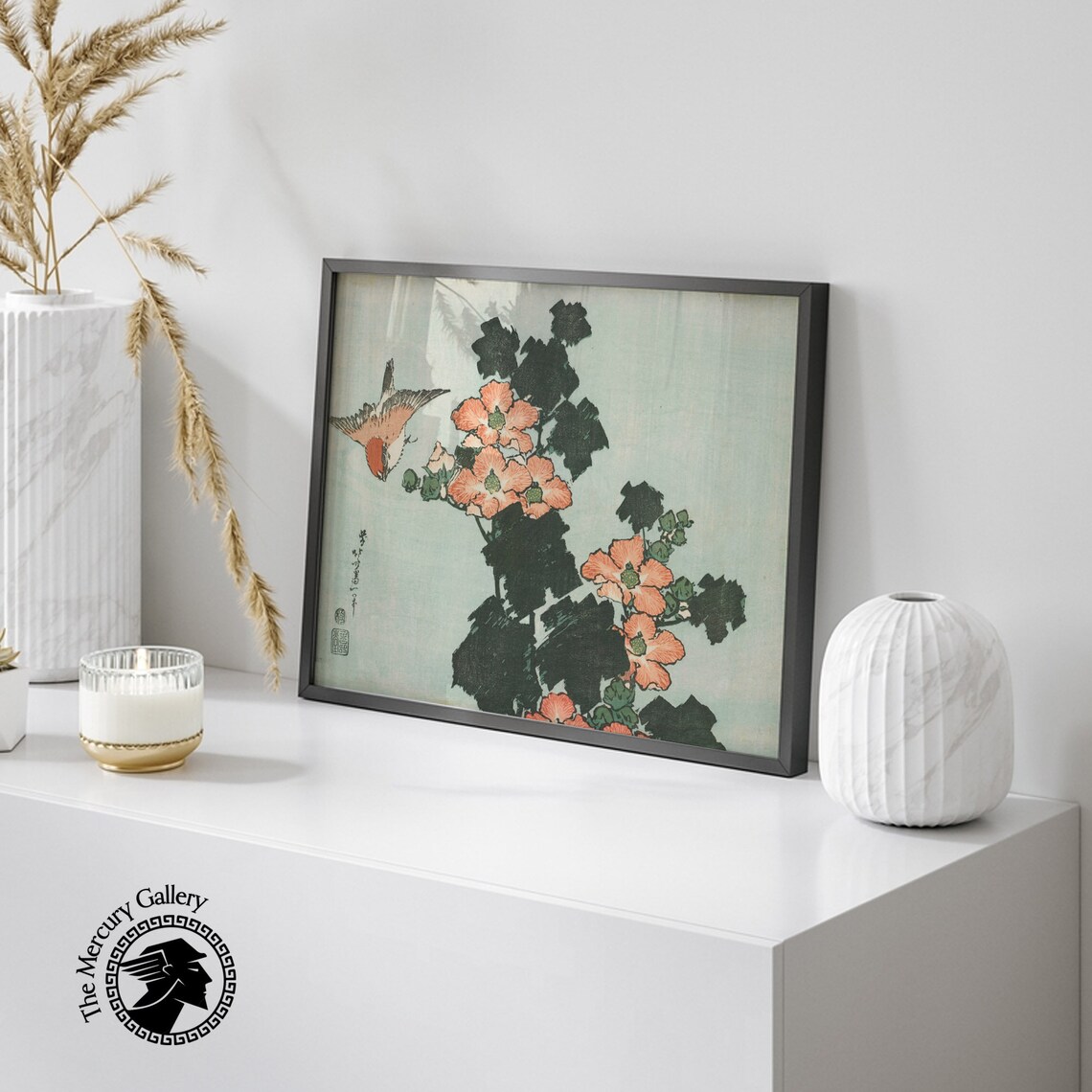 Bird Among Coral Blossoms With Dark Foliage Vintage Japanese Bird Art Poster - Image 4