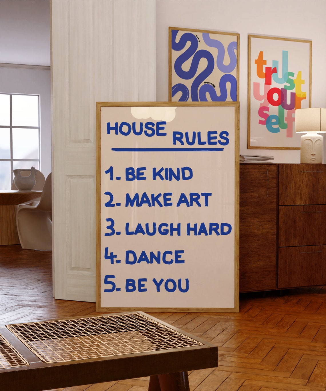 House Rules Be Kind Make Art Laugh Hard Dance Blue Type Poster