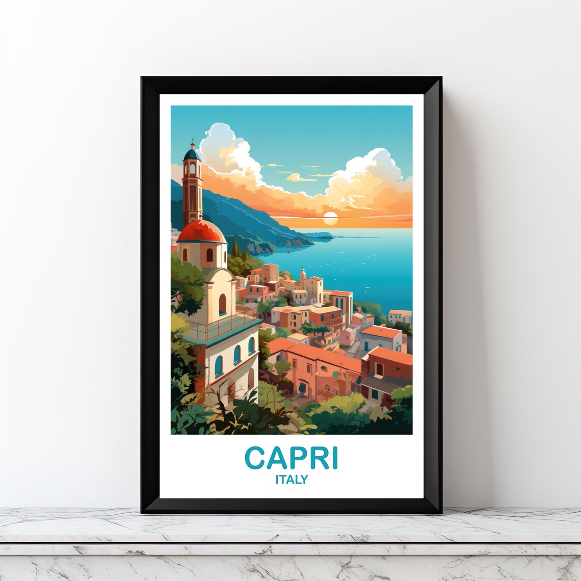 Capri Italy Vintage Seaside Town Church Dome Sunset Travel Poster
