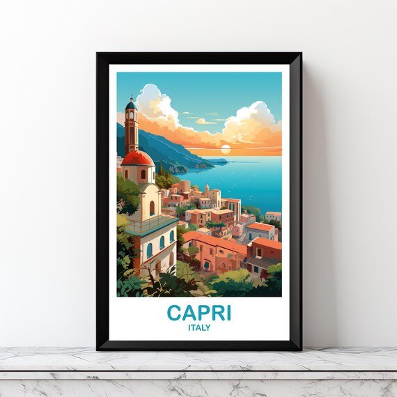 Capri Italy Vintage Seaside Town Church Dome Sunset Travel Poster