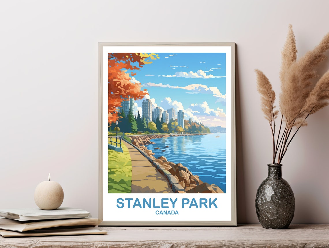 Stanley Park Canada Sunny Lakeside Path Skyline Travel Poster - Image 2