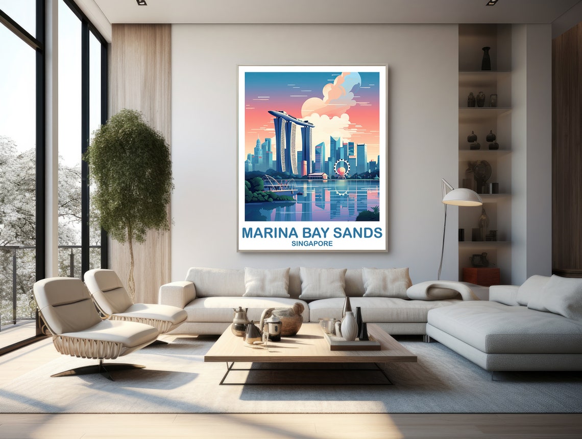 Marina Bay Sands Singapore Sunset Retro Vintage Travel Poster - Image 3