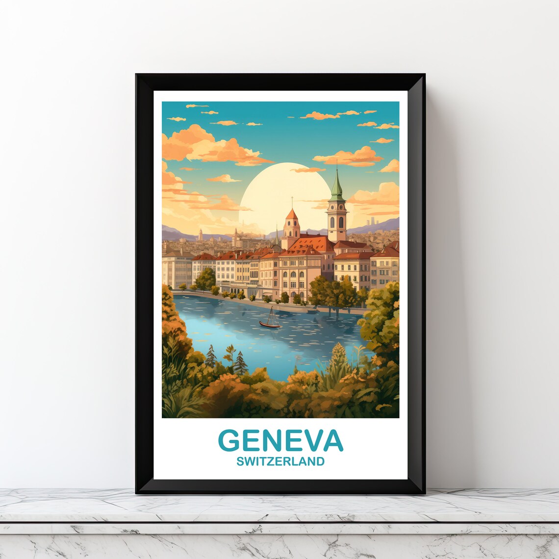 Geneva Travel Poster, Switzerland City Skyline Sunset