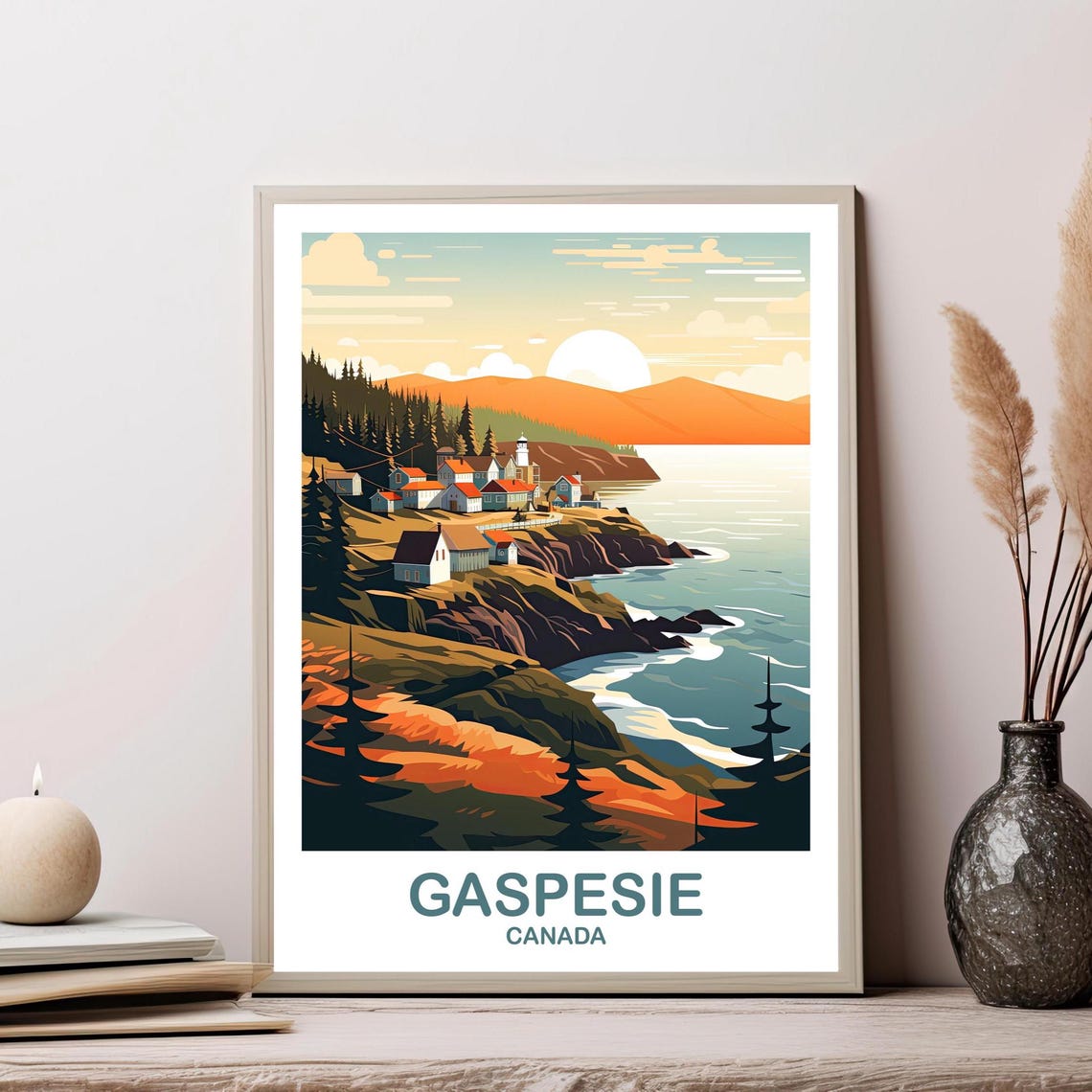 Gaspesie Quebec Canada Travel Poster Coastal Fishing Village Sunset