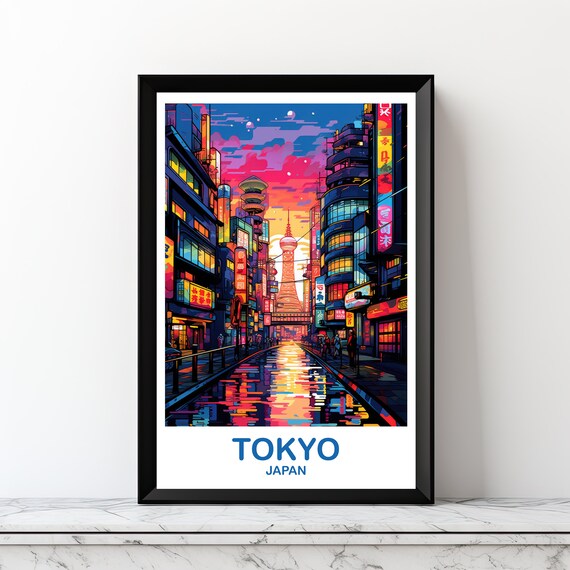Tokyo Japan Neon Street Night Rain Glow Cityscape Travel Poster