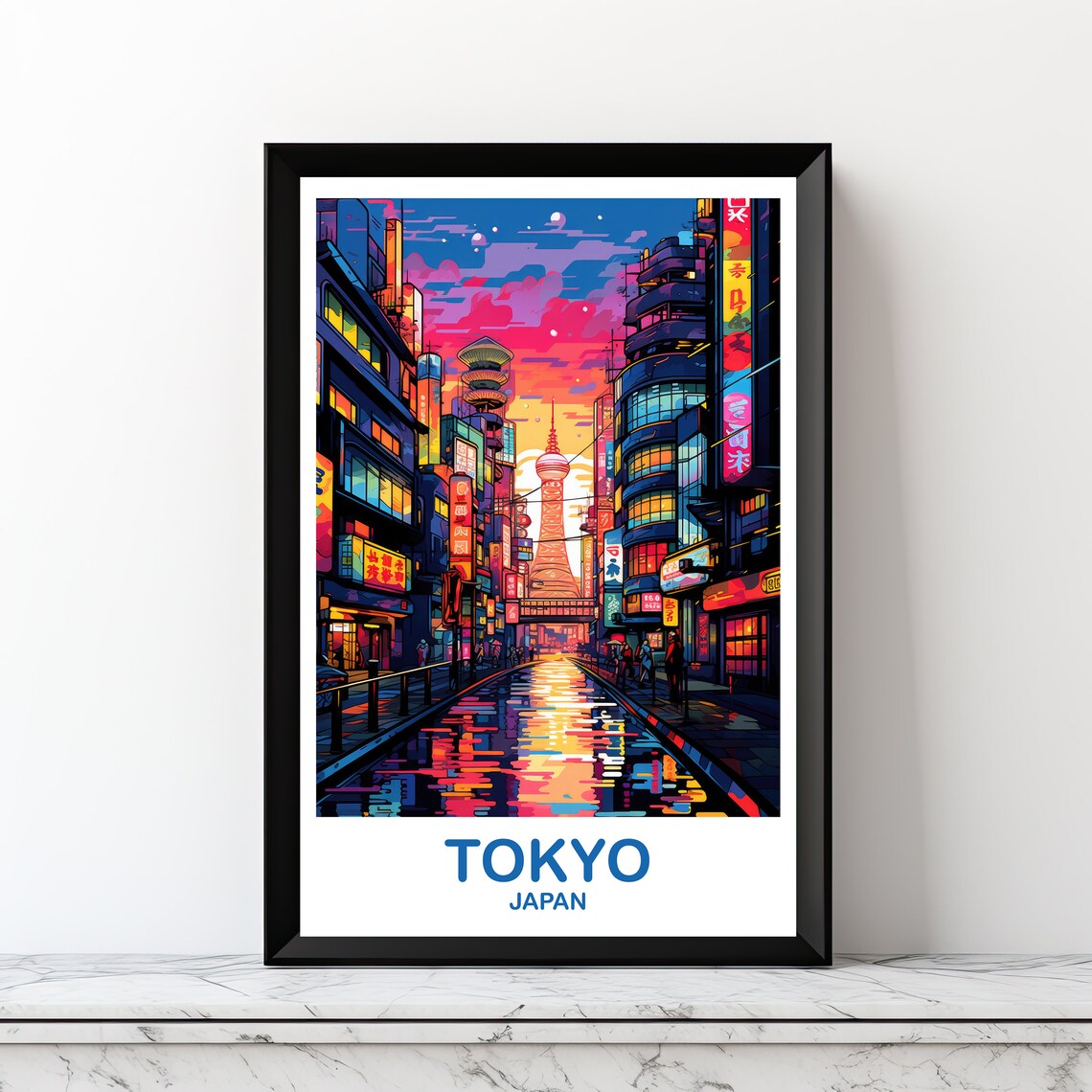 Tokyo Japan Neon Street Night Rain Glow Cityscape Travel Poster