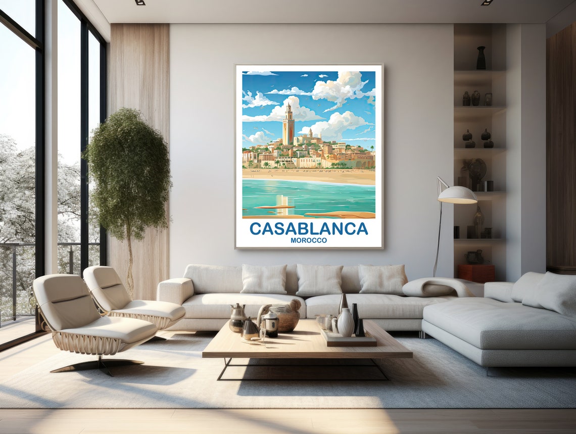 Casablanca Morocco Old Town Mosque Beach Sunny Travel Art Poster - Image 3