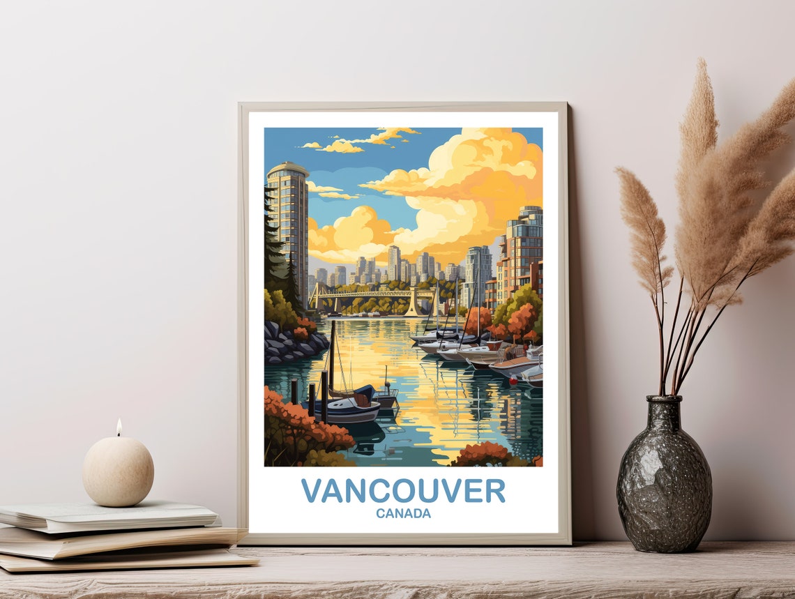 Vancouver Canada Harbor Marina Sailboats Sunset Travel Art Poster - Image 3