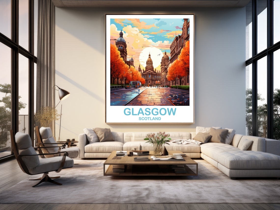Glasgow Scotland Sunset Square Historic City Vintage Travel Poster - Image 2