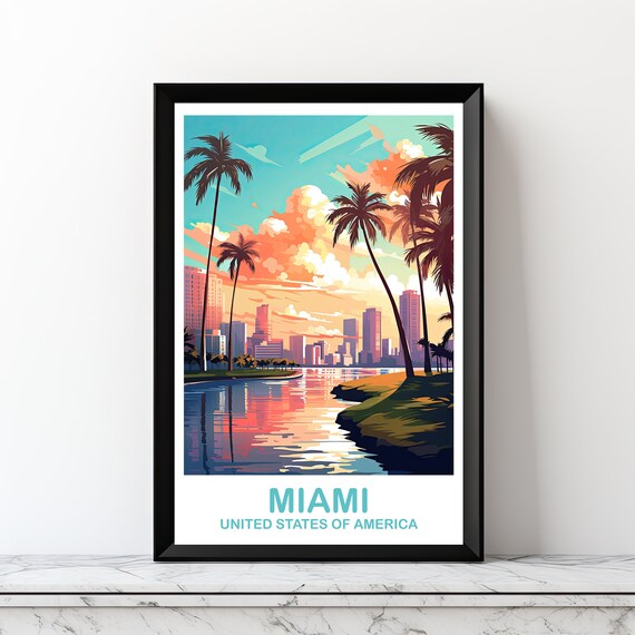 Miami Florida Sunset Skyline Palm Tree Retro Vintage Travel Poster