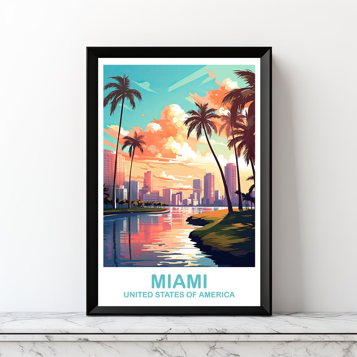 Miami Florida Sunset Skyline Palm Tree Retro Vintage Travel Poster