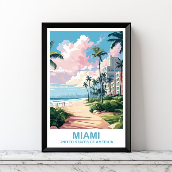 Miami Travel Poster, Florida City Skyline Wall Art