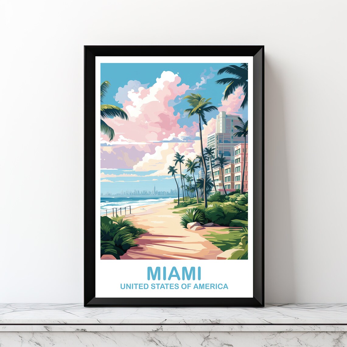 Miami Travel Poster, Florida City Skyline Wall Art