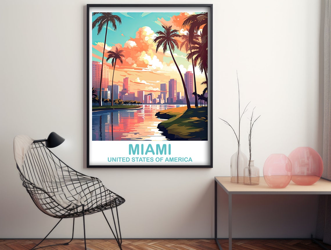 Miami Skyline Sunset Palm Trees Bay Reflection Travel Art Poster - Image 2