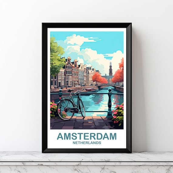 Amsterdam Netherlands Canal Bicycle Vintage Travel Art Poster