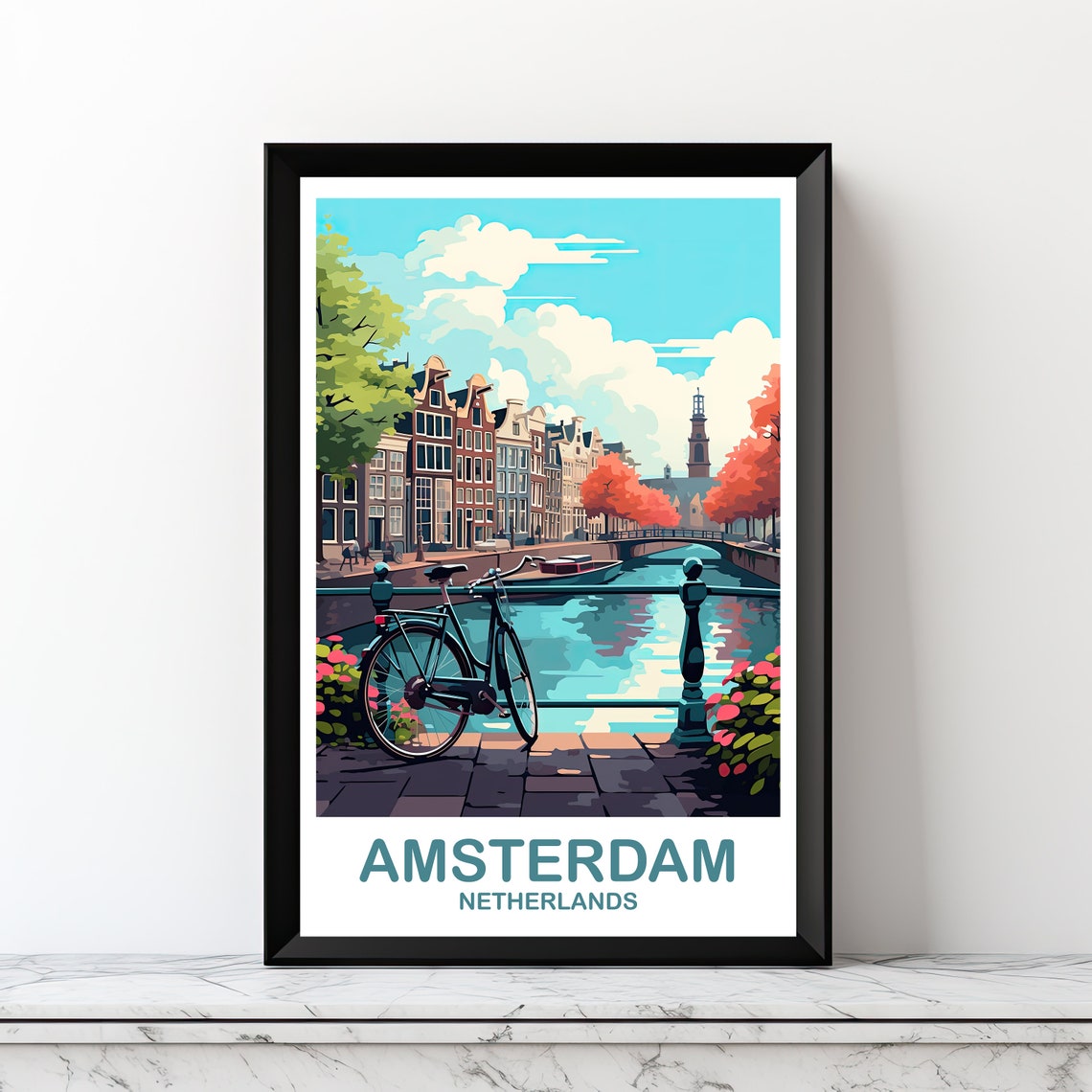 Amsterdam Netherlands Canal Bicycle Vintage Travel Art Poster
