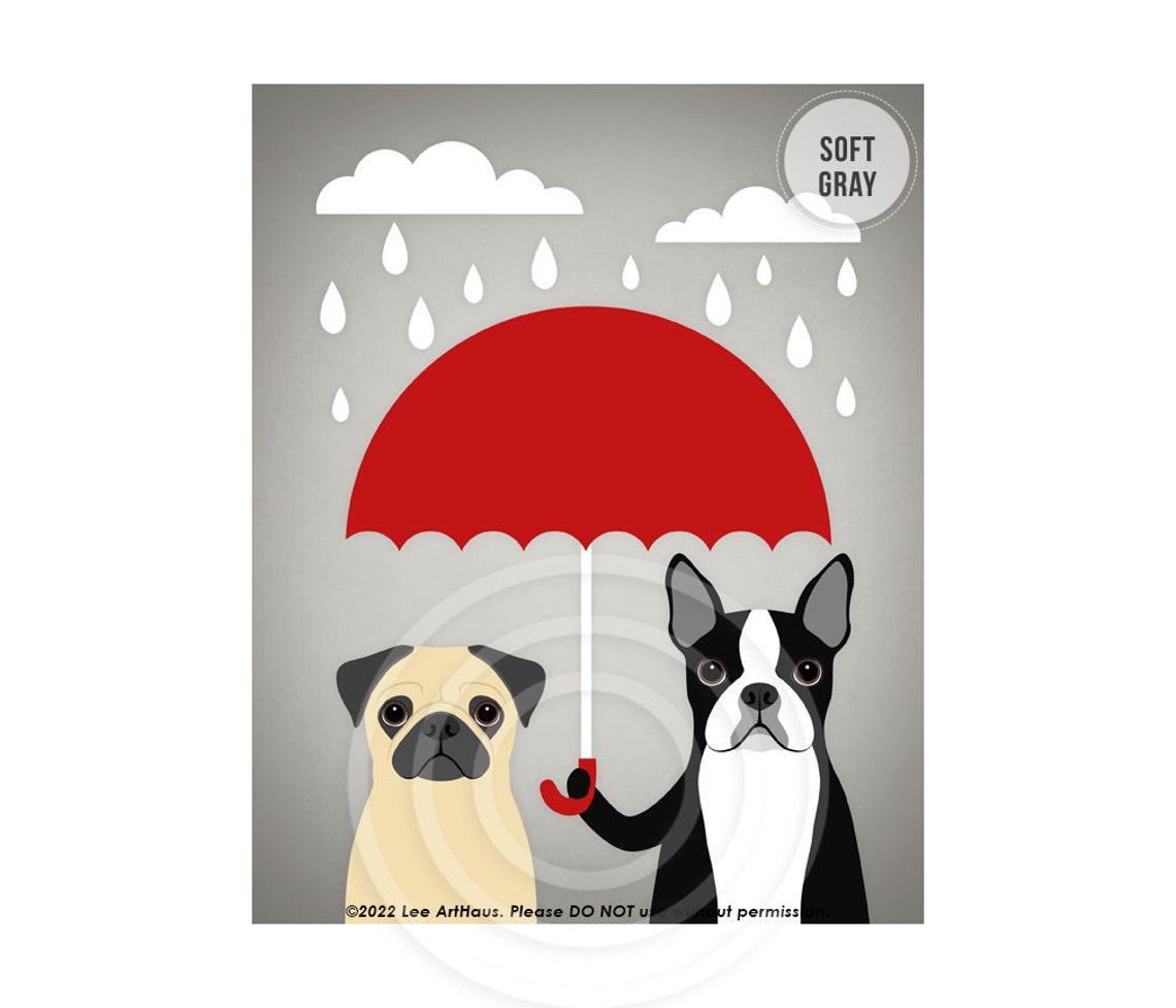 Pug And Boston Terrier Sharing Red Umbrella Rainy Day Dog Poster