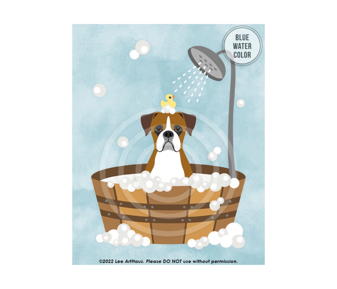 45dp Dog Prints Brown Boxer Dog In Wooden Tub Wall Art Bathroom Art Boxer Print Bath Print Dog Drawing Dog Art Pet Portrait