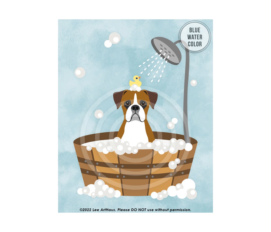 Brown Boxer Dog Bubble Bath Wooden Tub Cute Bathroom Decor Wall Poster